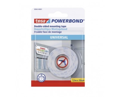 Tesa Powerbond Cinta Adhesiva Doble Cara 19mm x 1.5 Metros - Para Fijacion Segura y Rapida de Objetos Planos y Ligeros - Color Blanco